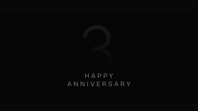 3rd anniversary celebration. Minimal text animation on black background, perfect for use as an overlay in corporate videos, slideshows, wedding films, or celebration reels. Happy Anniversary Video.