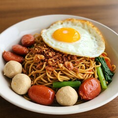 A flavorful plate of Indonesian fried noodles topped with sunny side up egg, vegetables, sausage, and meatballs.