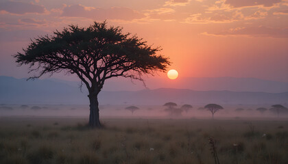 Obraz premium Lone Acacia Tree in Misty Savanna at Sunrise