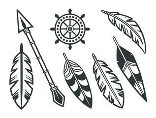 Fototapeta premium Collection of Tribal Feathers, Arrow, and Steering Wheel black color white background