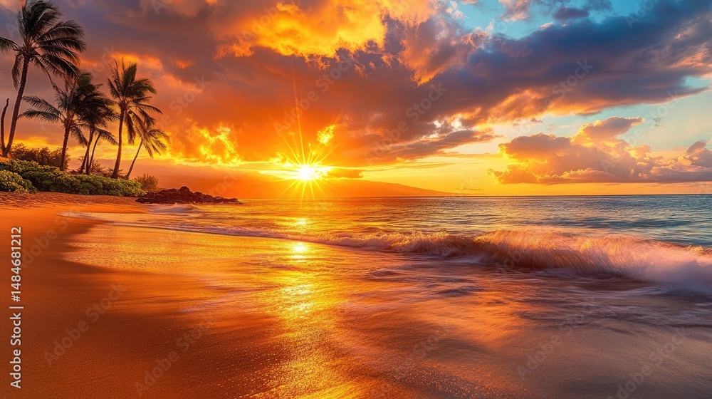 Poster serene sunset over a tranquil beach with gentle waves lapping at the shore. framed by lush palm tree
