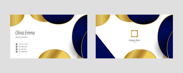 Gradient gold blue and white luxury horizontal business card with abstract shapes