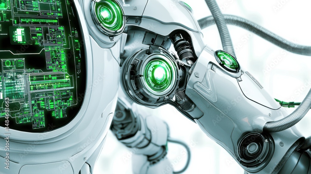 Aufkleber futuristic robotic arm with green details and circuitry elements in high-tech environment
