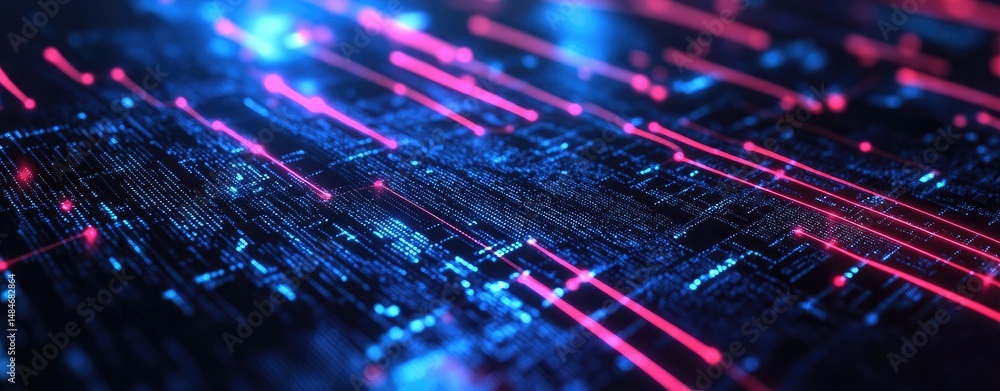 Poster a futuristic digital landscape showcasing vibrant blue and red data streams flowing through a grid. 