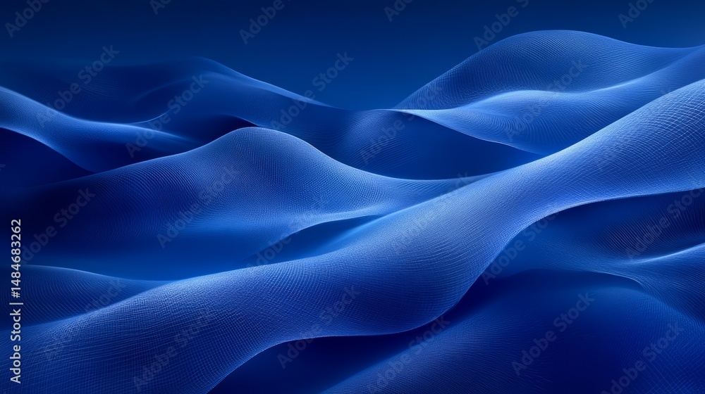 Poster abstract digital rendition of blue flowing waves creating a sense of motion and depth with a smooth,