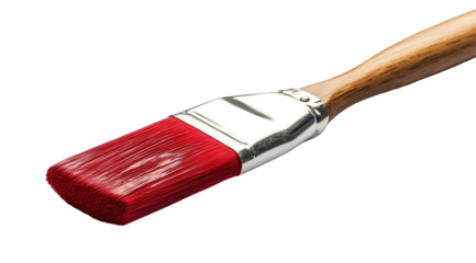 Close-up of a paintbrush with red bristles and wooden handle