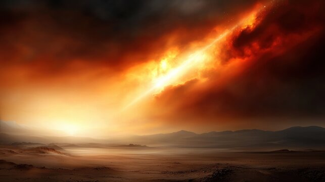 A fiery meteor streaks across the sky, leaving a trail of light and heat.