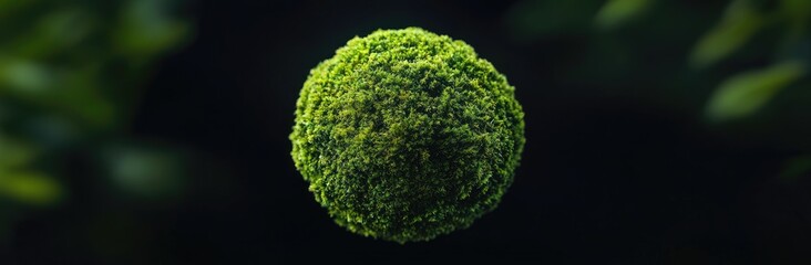 A vibrant green moss-covered ball resting on a textured surface. surrounded by a lush. blurred background of greenery. evoking a sense of tranquility and nature