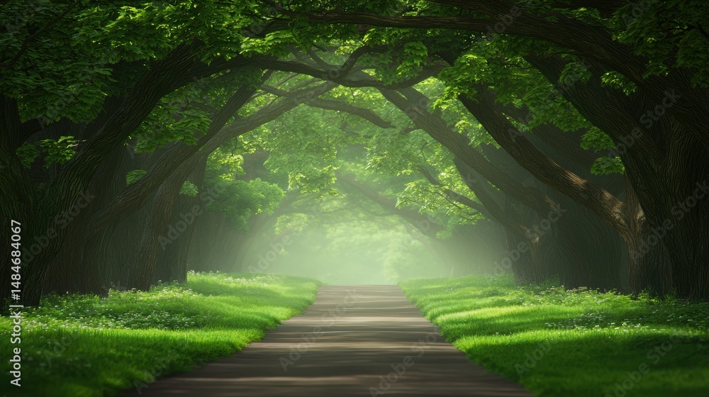 Poster a winding path through a lush forest, with tall trees and a soft, diffused light.