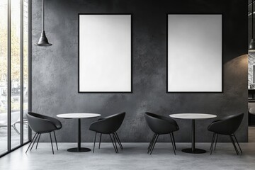 Modern minimalist caf? interior featuring empty tables and chairs. with large blank frames on the wall. surrounded by natural light from floor-to-ceiling windows