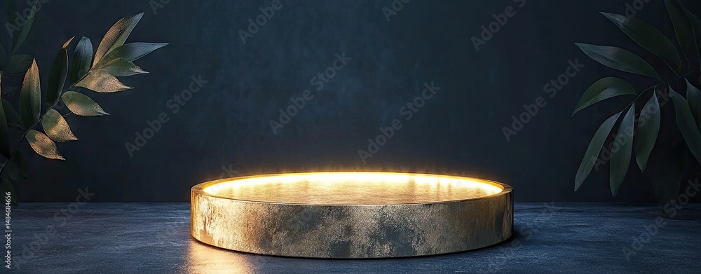 Poster a glowing circular platform illuminated by an orange light in a dimly lit. textured environment. cre