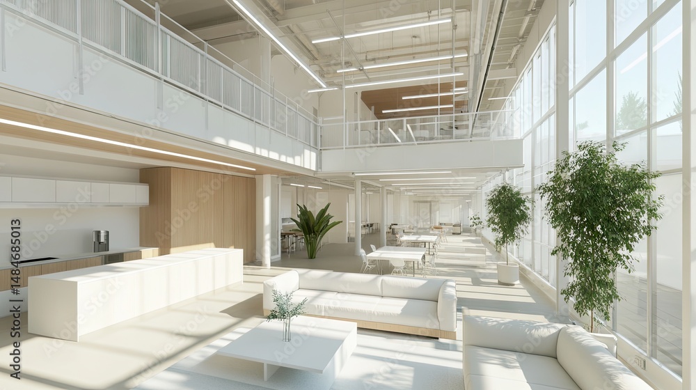 Poster modern office interior featuring a spacious lobby with large windows. greenery. and minimalist furni