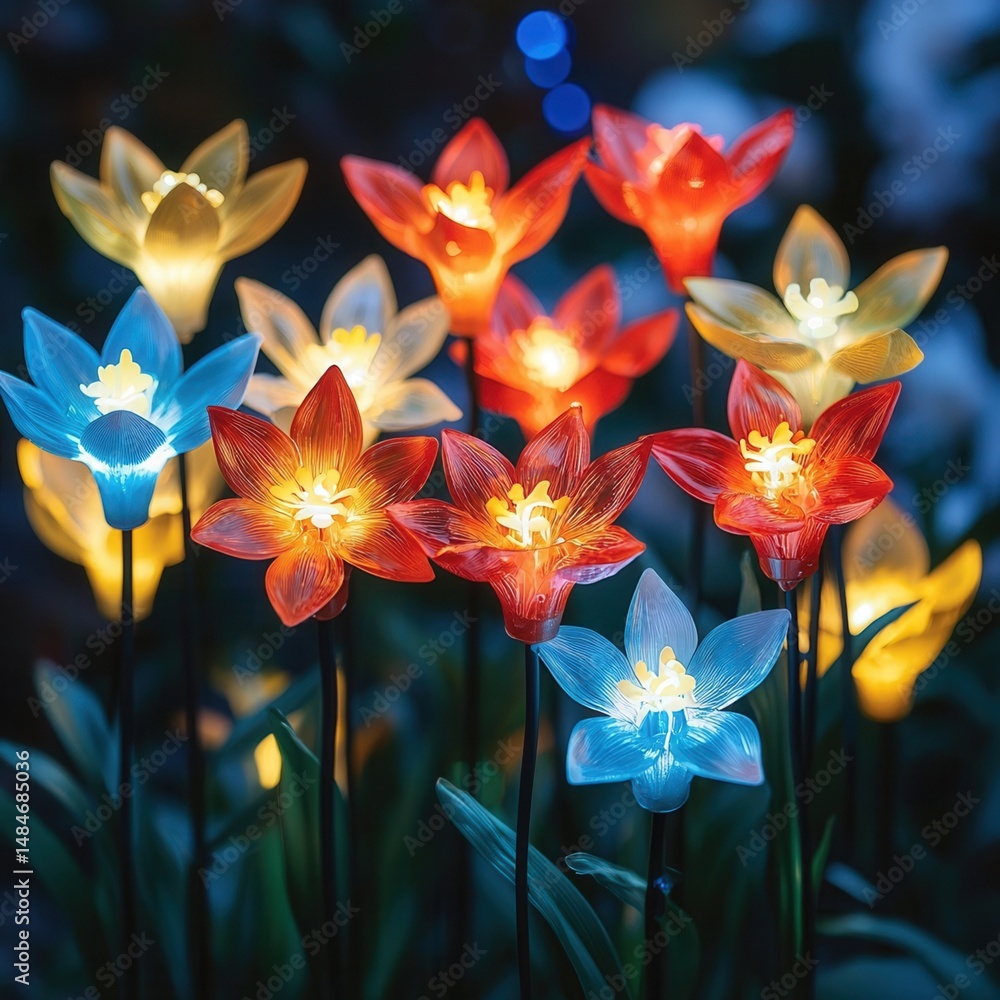 Poster spring flower concept. colorful illuminated flowers in a dark setting create a magical atmosphere.