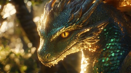 A majestic dragon with intricate scales and glowing eyes gazes through a mystical forest. surrounded by ethereal light and soft foliage. creating a fantastical atmosphere
