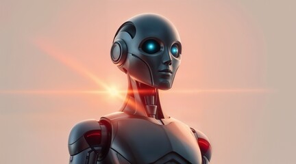 futuristic humanoid robot with glowing blue eyes and red lights on sunset background for use in sci fi posters or advanced technology visuals
