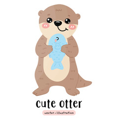 Cute otter and fish cartoon vector illustration