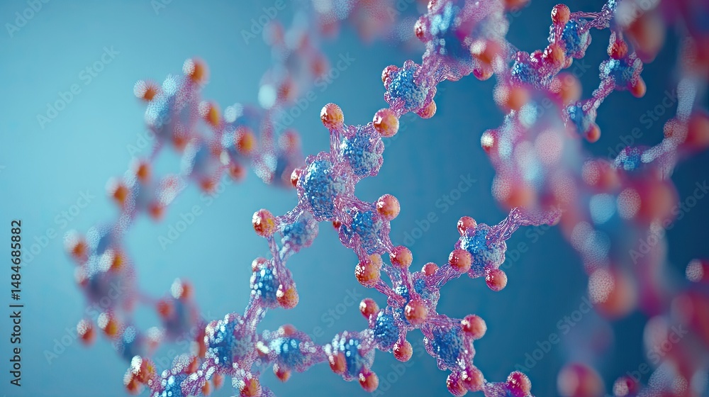 Poster a vibrant. abstract representation of a dna double helix structure illuminated with colorful lights.