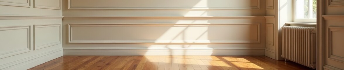 Elegant empty corner in classic room, ornate molding, hardwood floor, detailing, classical, old