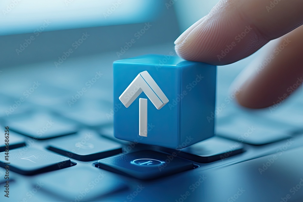 Poster a close-up view of a modern keyboard featuring a prominent blue cloud upload button. symbolizing dig