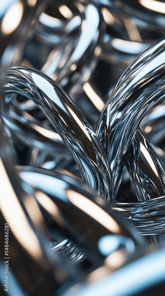 Poster a close-up view of intertwined metallic wires showcasing intricate reflections and textures. set aga