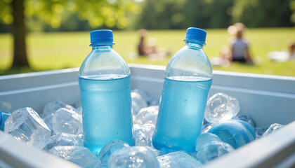 Frozen water bottles in cooler during heatwave picnic, summer hydration