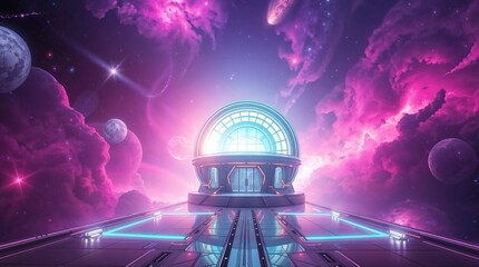 sci fi glowing architecture with vibrant clouds and cosmic background for use in fantasy environments or technology presentations