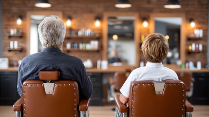 Generational bonding barber shop experience urban setting family moments intimate atmosphere side view connection