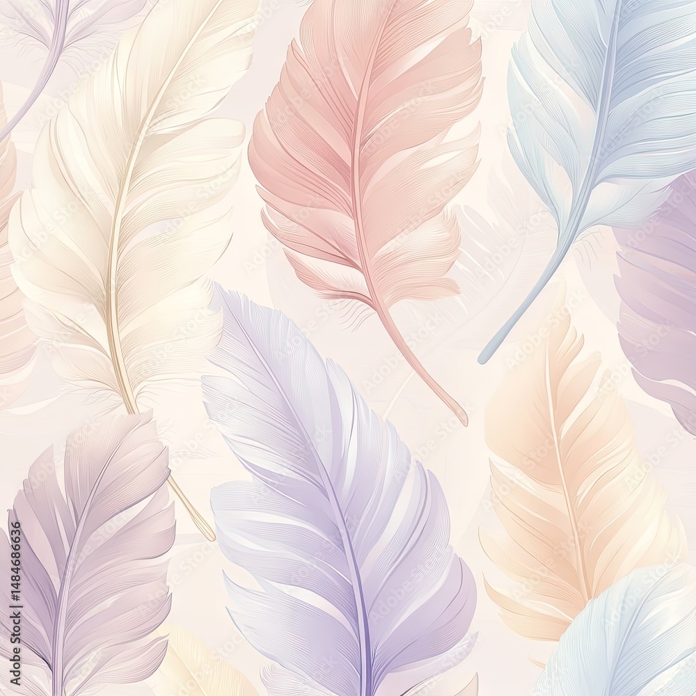 Poster a delicate pattern of soft. pastel-colored feathers gracefully scattered across a light background. 