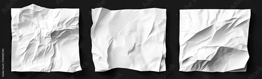 Poster a collection of three crumpled white paper sheets on a dark background. showcasing various textures 
