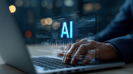 A person types on a laptop with a glowing "AI" graphic overlay, symbolizing artificial intelligence technology and digital innovation.