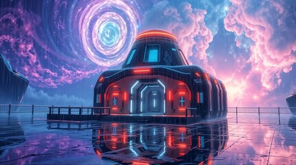 futuristic sci fi structure with red and blue lights under glowing nebula sky for use in space themed visuals or digital concept illustrations