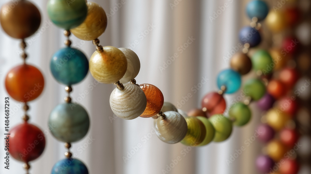 Poster a colorful string of beads with a gold and silver colored bead in the middle