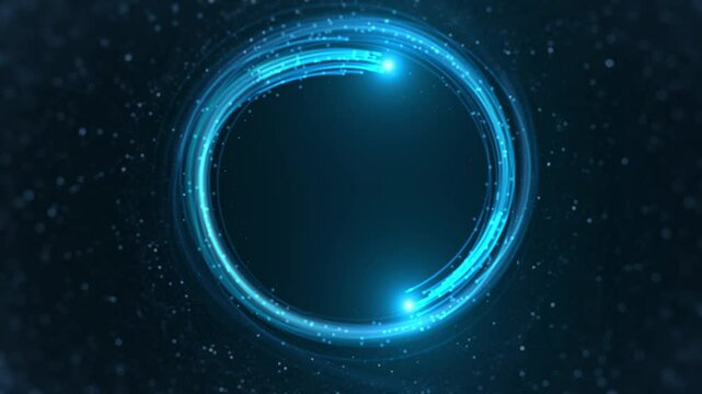 Two blue glowing particle elements spinning in circular motion on black background and then separating after rotation, for intro element, logo reveal, video opener,4K background.