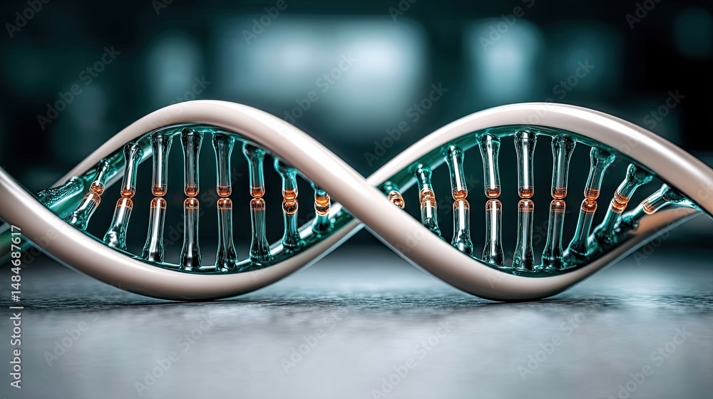 Poster a close-up of a dna double helix structure with a futuristic and scientific appearance on a blurred 