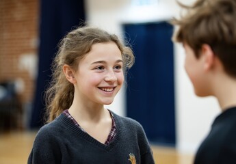 Smiling girl talking with a friend in a casual setting.
