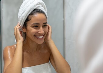 Smiling woman with towel in bathroom.
