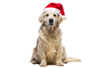 sitting dog with christmas hat isolated on white background