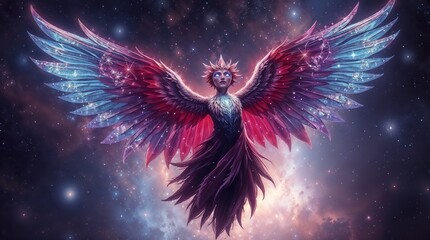 ethereal figure with large sparkling wings under starry nebulous sky for use in mystical art or fantasy themed projects