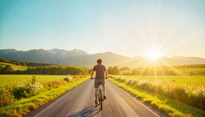 Obraz premium Cyclist enjoying countryside ride at sunset, freedom and nostalgia