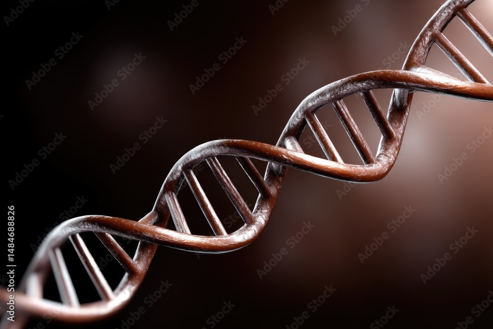 Poster a close-up view of a dna double helix structure with a blurred brown background.