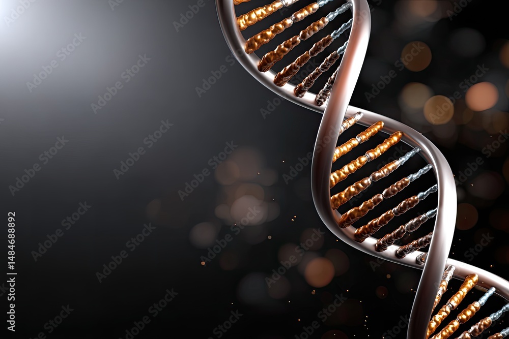 Poster a close-up of a dna double helix with a dark, abstract background and glowing bokeh lights.
