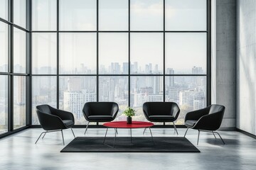 Modern office lounge with sleek black chairs and a vibrant red table. overlooking a city skyline with tall buildings and a clear sky in the background. ideal for corporate settings