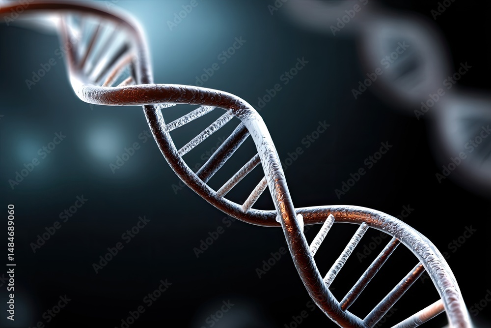 Poster a close-up image of a dna double helix structure on a dark, blurred background.