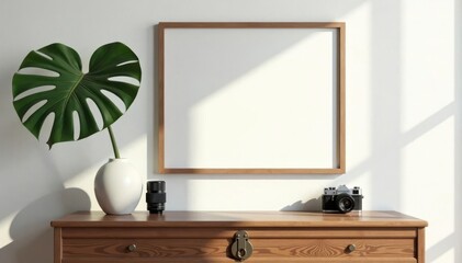 Stylish living room mock-up Poster frame, wooden chest, vase, camera, leaf, accessories , brown, template, frame