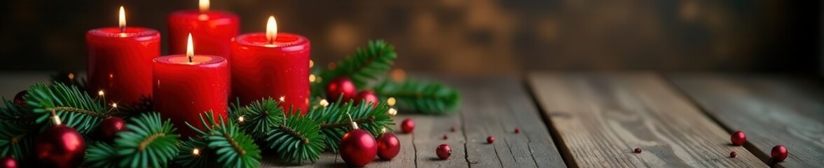 Three red candles, fir branches, Christmas decor on rustic wood Advent anticipation , rustic wood, three