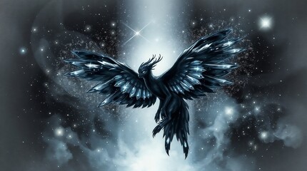 large dark mythical bird with crystalline wings against starry cosmic background for use in fantasy art or mystical design projects