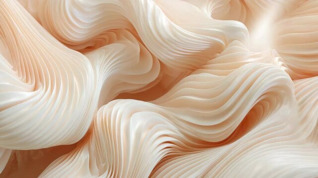 Abstract close up of swirling, peach colored fabric. Soft, flowing waves create a luxurious and elegant texture. Subtle lighting enhances the three dimensional folds.