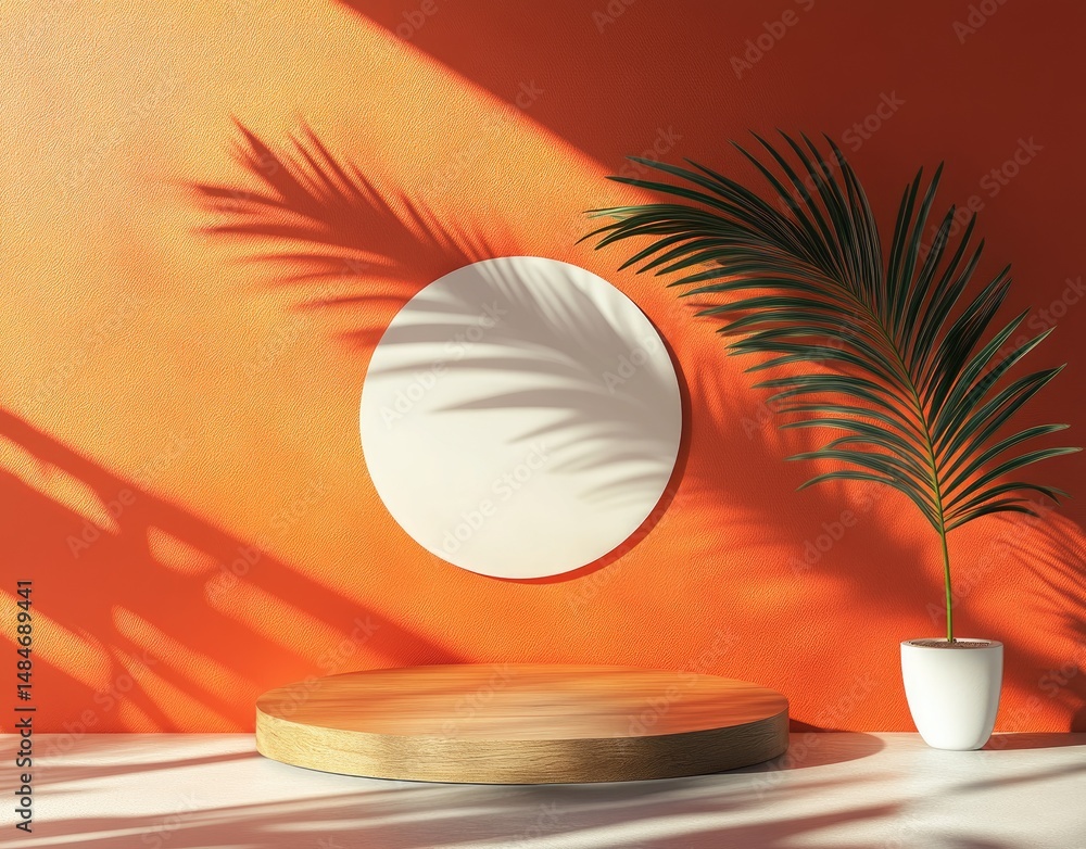 Aufkleber a serene and minimalist setup featuring a circular platform against a vibrant orange wall. with palm
