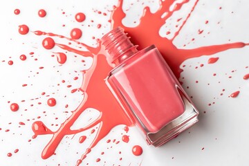 Opened red nail polish bottle rests in a vibrant pool of spilled color
