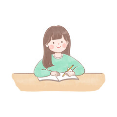 ong-haired girl studying at desk, vector illustration